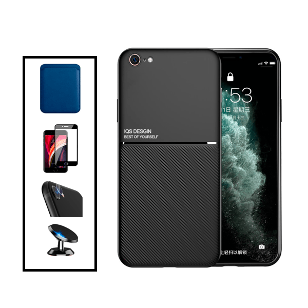 Kit Capa Traseira Magnética Anti Choque + Carteira Magnetica Preto + Película de Vidro Temperado GorilasGlass + Película Protectora para Câmara Traseira + Suporte Magnético para Apple iPhone SE 2022 - Preto