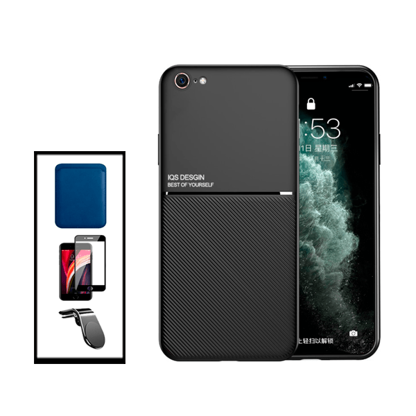 Kit Capa Traseira Magnética Anti Choque + Carteira Magnetica Preto + Película de Vidro Temperado GorilasGlass + Suporte de Carro Magnético L para Apple iPhone SE 2022 - Preto