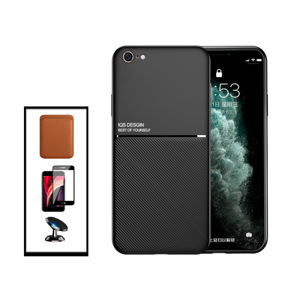 Kit Capa Traseira Magnética Anti Choque + Carteira Magnetica Preto + Película de Vidro Temperado GorilasGlass + Suporte Magnético para Apple iPhone SE 2022 - Preto