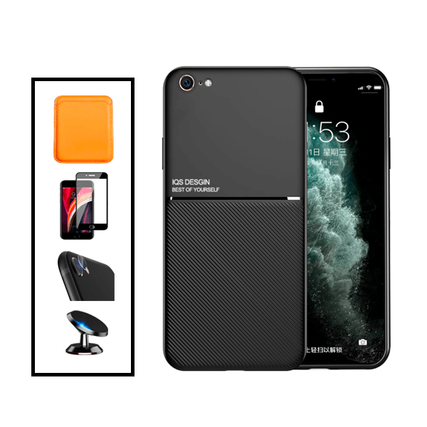 Kit Capa Traseira Magnética Anti Choque + Carteira Magnetica Preto + Película de Vidro Temperado GorilasGlass + Película Protectora para Câmara Traseira + Suporte Magnético para Apple iPhone SE 2022 - Preto