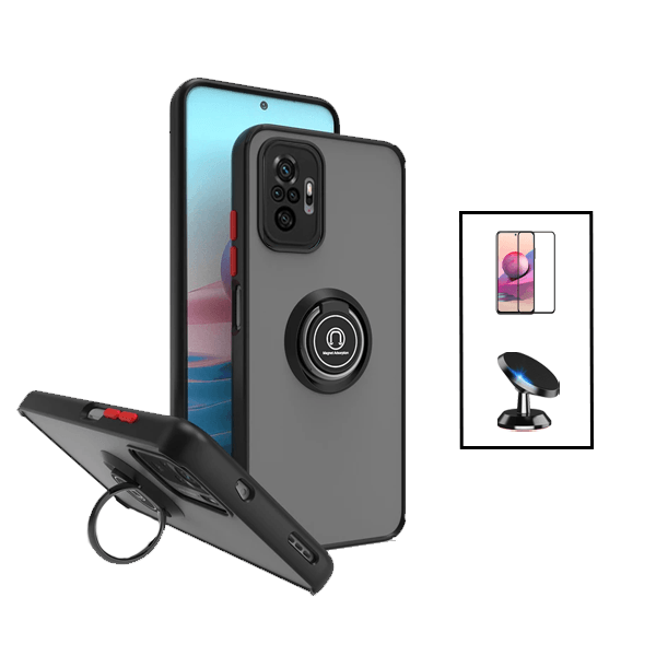 Kit Capa Traseira com Anel Magnetico Proteção Camara + Película de Vidro Temperado GorilasGlass + Suporte Magnético para Xiaomi Redmi Note 10 Pro - Preto