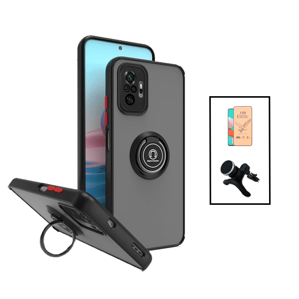 Kit Capa Traseira com Anel Magnetico Proteção Camara + Vidro Temperado Ceramica Full Cover + Suporte Magnético Com Pernas para Xiaomi Redmi Note 10 Pro - Preto