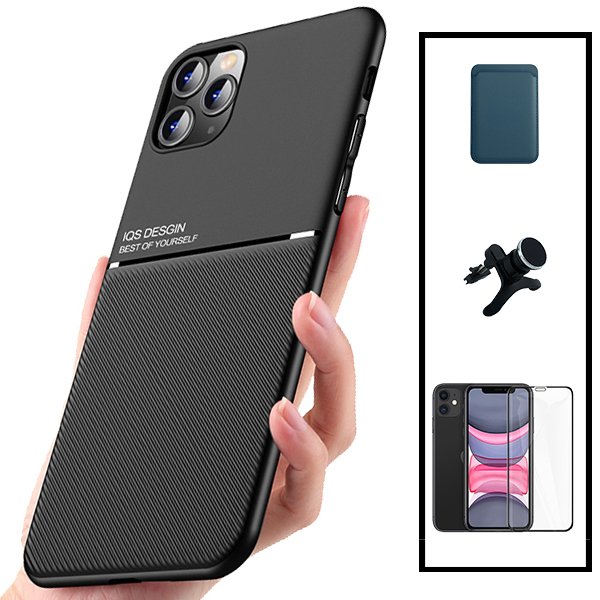 Kit Capa Traseira Magnética Anti Choque + Carteira Magnetica Preto + Película de Vidro Temperado GorilasGlass + Suporte Magnético Com Pernas para Xiaomi Redmi Note 11E Pro - Preto