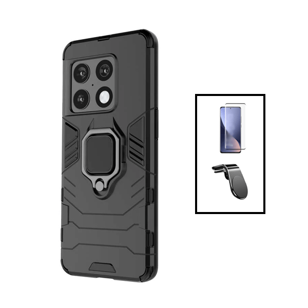 Kit Película de Vidro Temperado GorilasGlass + Capa de Proteção Militar Magnética + Suporte de Carro Magnético L para OnePlus 10T - Preto