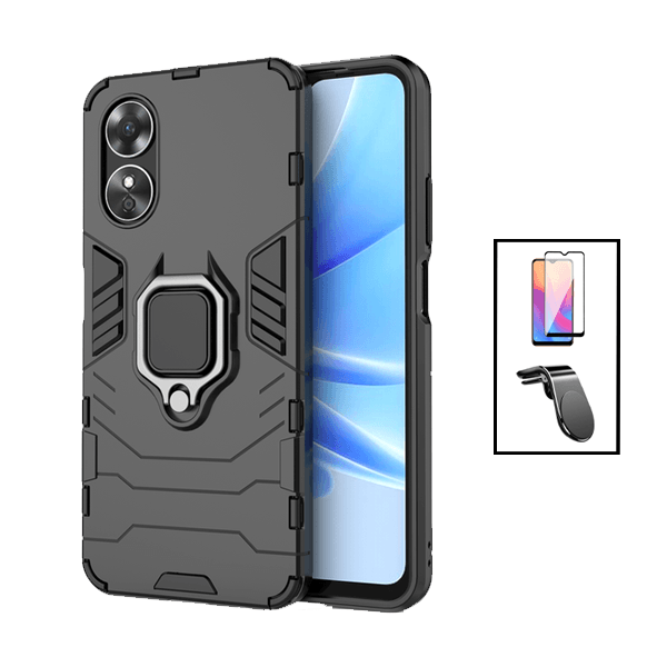 Kit Película de Vidro Temperado GorilasGlass + Capa de Proteção Militar Magnética + Suporte de Carro Magnético L para Oppo A17 - Preto