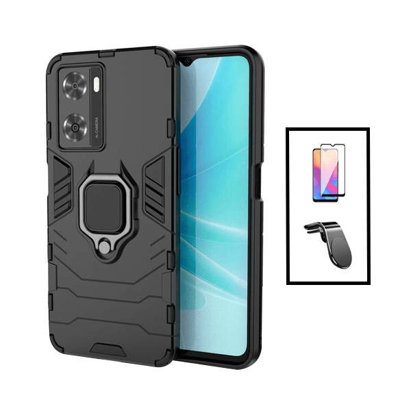 Kit Película de Vidro Temperado GorilasGlass + Capa de Proteção Militar Magnética + Suporte de Carro Magnético L para Oppo A57s - Preto