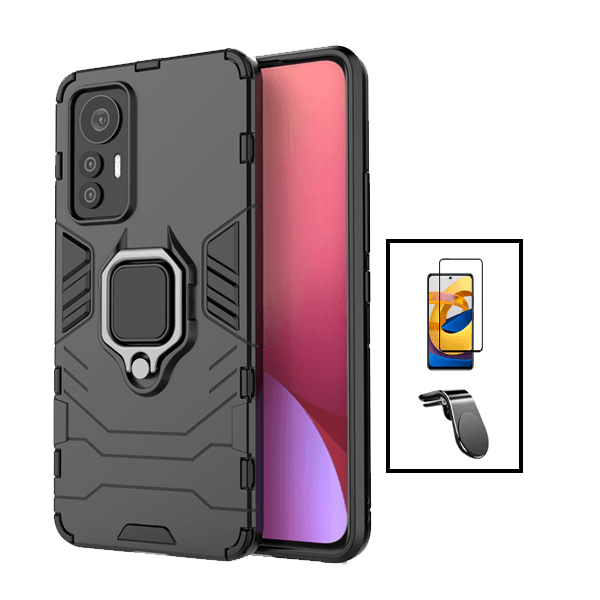Kit Película de Vidro Temperado GorilasGlass + Capa de Proteção Militar Magnética + Suporte de Carro Magnético L para Xiaomi 12 Lite - Preto
