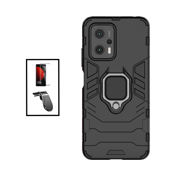Kit Película de Vidro Temperado GorilasGlass + Capa de Proteção Militar Magnética + Suporte de Carro Magnético L para Xiaomi Redmi K50i - Preto