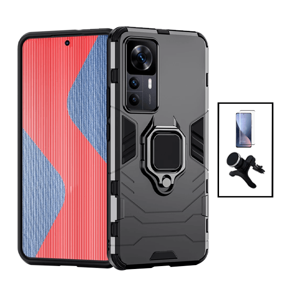 Kit Película de Vidro Temperado GorilasGlass + Capa de Proteção Militar Magnética + Suporte Magnético Com Pernas para Xiaomi 12T Pro - Preto