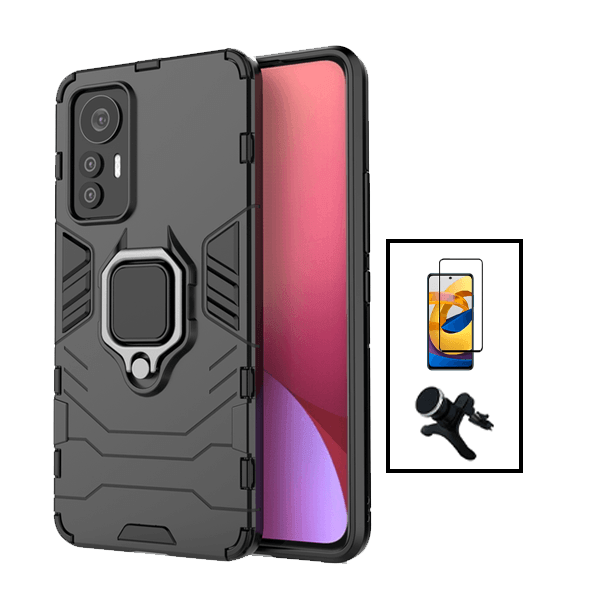 Kit Película de Vidro Temperado GorilasGlass + Capa de Proteção Militar Magnética + Suporte Magnético Com Pernas para Xiaomi 12 Lite - Preto