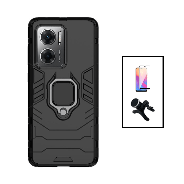 Kit Película de Vidro Temperado GorilasGlass + Capa de Proteção Militar Magnética + Suporte Magnético Com Pernas para Xiaomi Redmi 11 Prime 5G - Preto