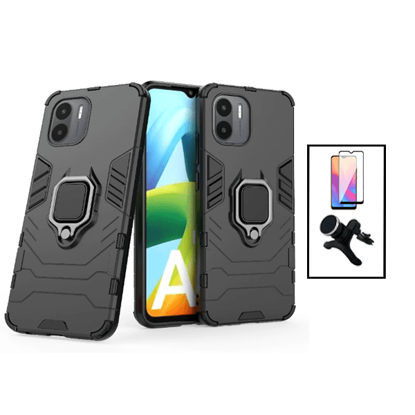 Kit Película de Vidro Temperado GorilasGlass + Capa de Proteção Militar Magnética + Suporte Magnético Com Pernas para Xiaomi Redmi A2 - Preto