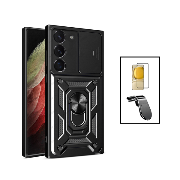 Kit Película de Vidro Temperado GorilasGlass + Capa de Proteção Militar Magnética Janela Deslizante + Suporte de Carro Magnético L para Samsung Galaxy S23 - Preto