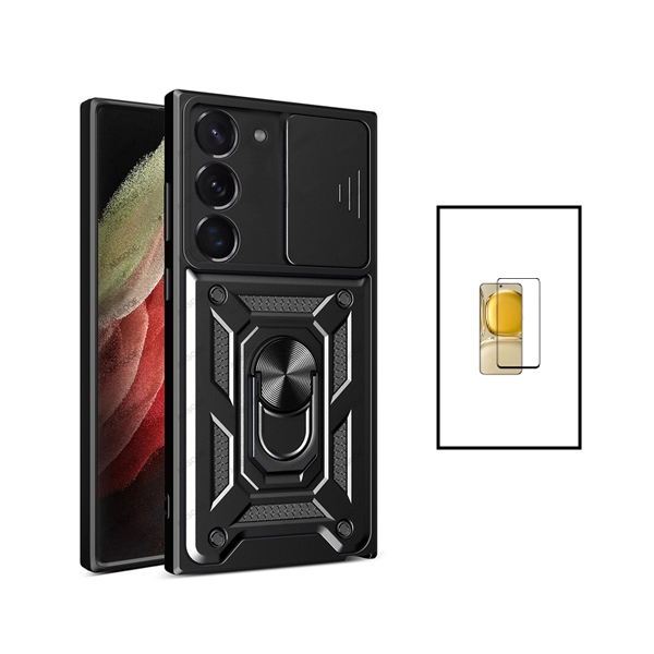 Kit Película de Vidro Temperado GorilasGlass + Capa de Proteção Militar Magnética Janela Deslizante para Samsung Galaxy S23 Plus - Preto