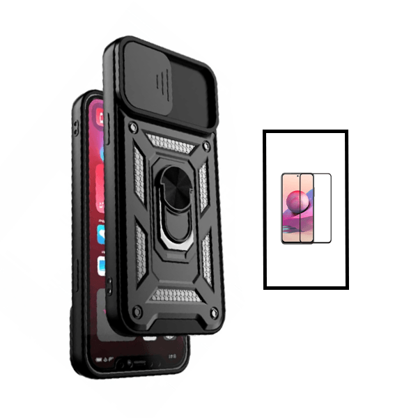 Kit Película de Vidro Temperado GorilasGlass + Capa de Proteção Militar Magnética Janela Deslizante para Xiaomi Redmi Note 10 Pro - Preto