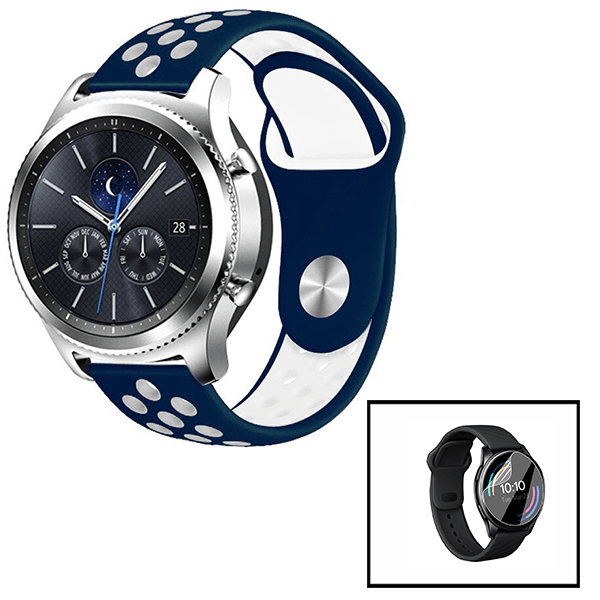 Kit Bracelete Desportiva + Película de Hydrogel para Huawei Watch GT 3 46mm Classic - Azul Escuro / Branco
