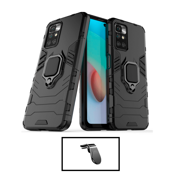 Kit Suporte de Carro Magnético L + Capa de Proteção Militar Magnética para Xiaomi Redmi 10 Prime 2022 - Preto
