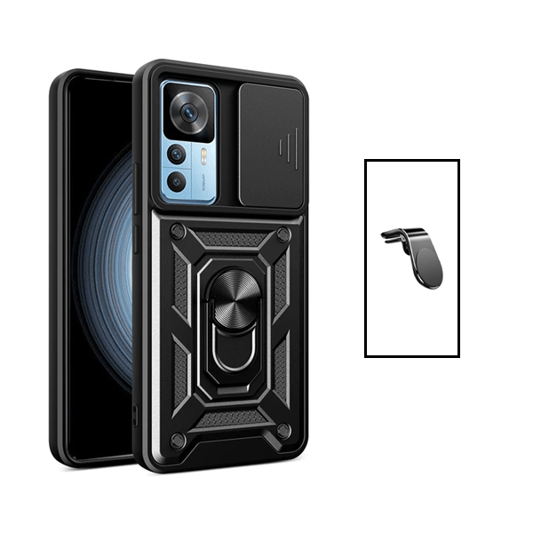 Kit Suporte de Carro Magnético L + Capa de Proteção Militar Magnética Janela Deslizante para Xiaomi 12T - Preto