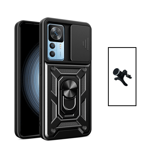 Kit Suporte Magnético Com Pernas + Capa de Proteção Militar Magnética Janela Deslizante para Xiaomi 12T - Preto