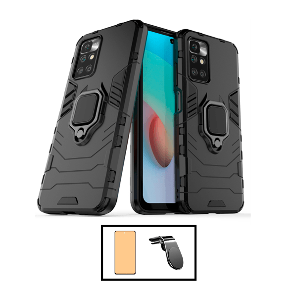 Kit Vidro Temperado Ceramica Full Cover + Capa de Proteção Militar Magnética + Suporte de Carro Magnético L para Xiaomi Redmi 10 Prime 2022 - Preto