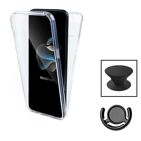 Kit Capa 360° Proteção Frente e Verso + 1 HandHolder + 1 Suporte HandHolder Preto para Apple iPhone 15 Pro Max - Transparente/Preto
