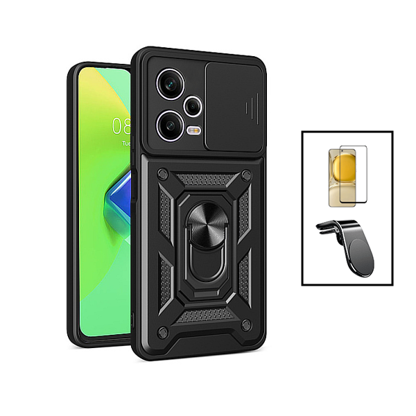 Kit Película de Vidro Temperado GorilasGlass + Capa de Proteção Militar Magnética Janela Deslizante + Suporte de Carro Magnético L para Xiaomi Redmi Note 12 Pro - Preto