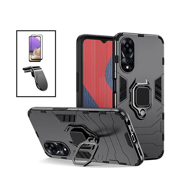 Kit Película de Vidro Temperado GorilasGlass + Capa de Proteção Militar Magnética + Suporte de Carro Magnético L para Oppo A58 - Preto