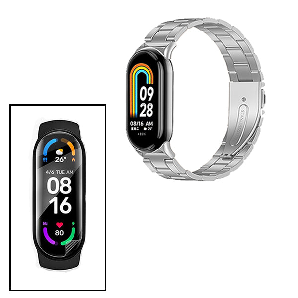 Kit Bracelete de Aço + Ferramenta + Pelicula de Hydrogel para Xiaomi Mi Band 8 - Cinza