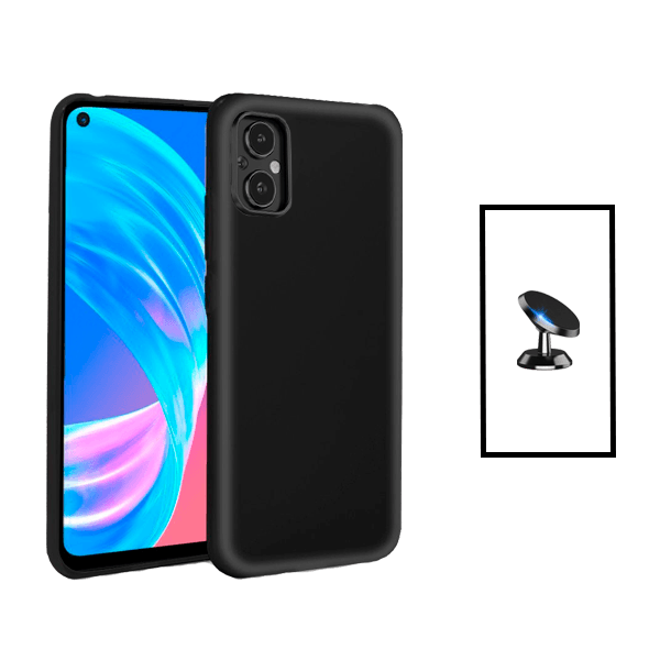 Kit Suporte Magnético + Capa Proteção Traseira Silicone para Oppo Reno8 Lite - Preto