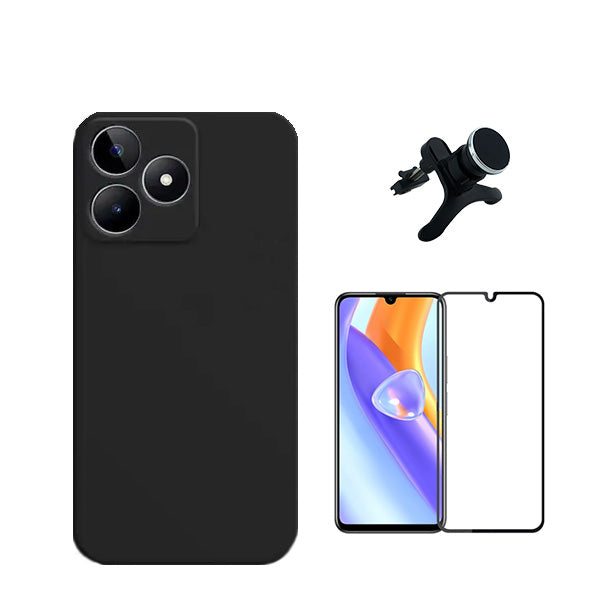 Kit Película de Vidro Temperado GorilasGlass + Capa Proteção Traseira Silicone + Suporte Magnético Com Pernas GIFT4ME para Realme C53 - Preto