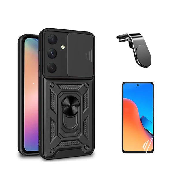 Kit Película Protectora de Hydrogel Frente + Capa de Proteção Militar Magnética Janela Deslizante + Suporte Magnético L GIFT4ME para Samsung Galaxy S23 FE - Preto