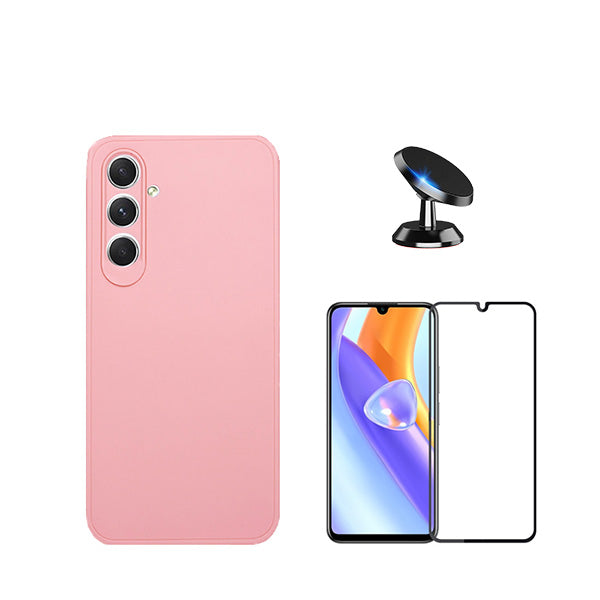 Kit Película de Vidro Temperado GorilasGlass + Capa Proteção Traseira Silicone + Suporte Magnético Phonecare para Samsung Galaxy A15 - Rosa