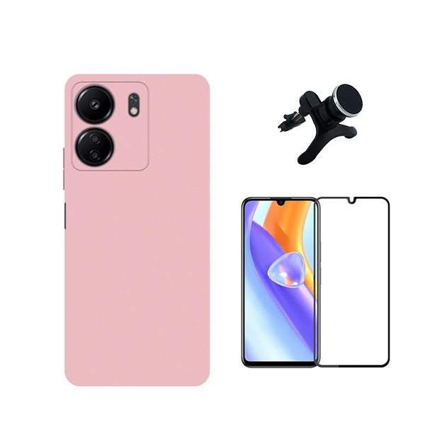 Kit Película de Vidro Temperado GorilasGlass + Capa Proteção Traseira Silicone + Suporte Magnético Com Pernas GIFT4ME para Xiaomi Redmi 13C - Rosa