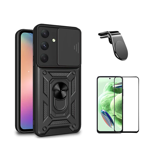 Kit Película de Vidro Temperado GorilasGlass + Capa de Proteção Militar Magnética Janela Deslizante + Suporte de Carro Magnético L GIFT4ME para Samsung Galaxy S23 FE - Preto