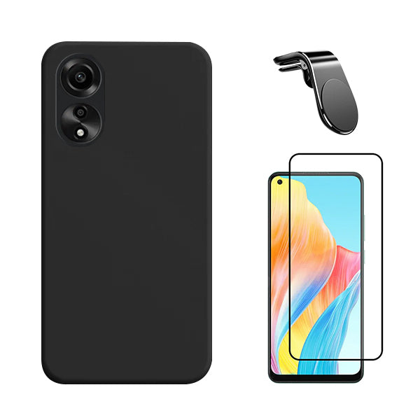 Kit Película de Vidro Temperado GorilasGlass + Capa Proteção Traseira Silicone + Suporte de Carro Magnético L GIFT4ME para Oppo A78 4G - Preto
