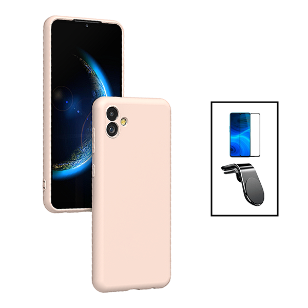 Kit Película de Vidro Temperado GorilasGlass + Capa Proteção Traseira Silicone + Suporte de Carro Magnético L para Samsung Galaxy F04 - Rosa