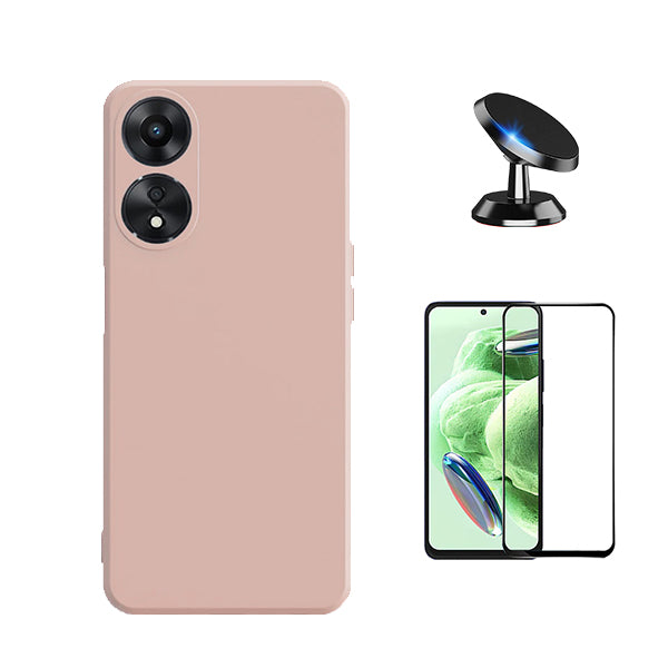 Kit Película de Vidro Temperado GorilasGlass + Capa Proteção Traseira Silicone + Suporte Magnético GIFT4ME para Oppo A58 4G - Rosa