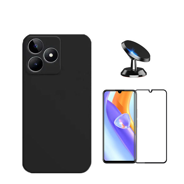 Kit Película de Vidro Temperado GorilasGlass + Capa Proteção Traseira Silicone + Suporte Magnético GIFT4ME para Realme C53 - Preto