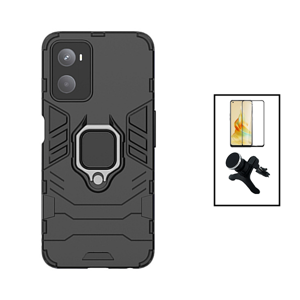 Kit Película de Vidro Temperado GorilasGlass + Capa de Proteção Militar Magnética + Suporte Magnético Com Pernas para Oppo A76 - Preto