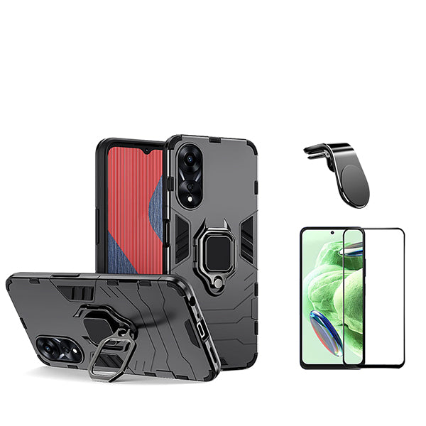 Kit Película de Vidro Temperado GorilasGlass + Capa de Proteção Militar Magnética + Suporte de Carro Magnético L Phonecare para Oppo A58 4G - Preto