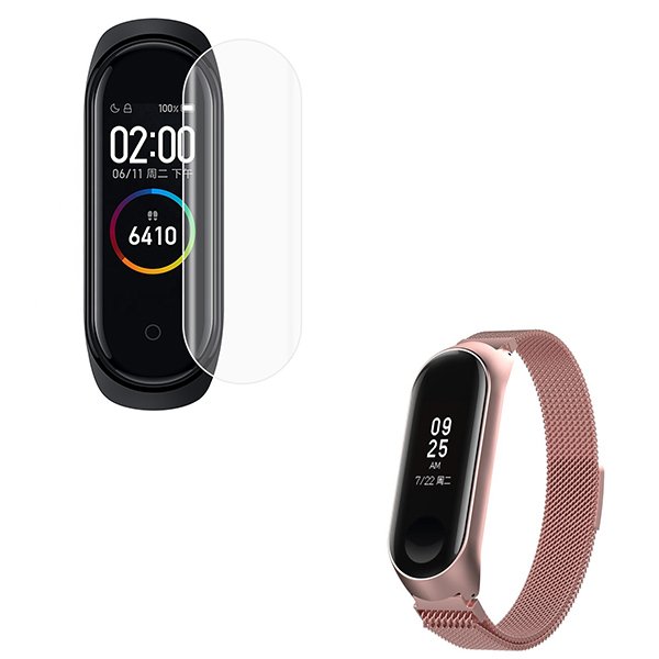 Kit Bracelete Milanese Com Fecho Magnético + Pelicula de Hydrogel para Xiaomi Mi Band 7 - Rosa