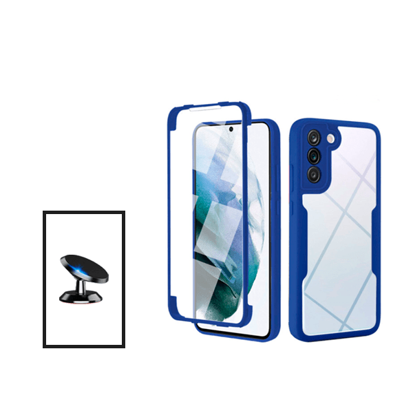 Kit Capa 360° Proteção Frente e Verso + Suporte Magnético para Samsung Galaxy S21 FE 5G - Azul Escuro