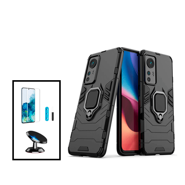 Kit Película de Vidro Curvada Full Glue UV + Capa de Proteção Militar Magnética + Suporte Magnético para Xiaomi 12 - Preto