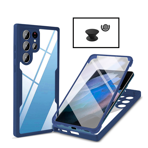 Kit Capa 360° Proteção Frente e Verso + 1 HandHolder + 1 Suporte HandHolder Preto para Samsung Galaxy S22 Ultra 5G - Azul Escuro