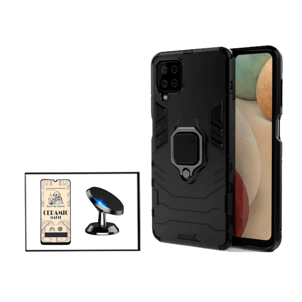 Kit Vidro Temperado Ceramica Full Cover + Capa de Proteção Militar Magnética + Suporte Magnético para Samsung Galaxy M12