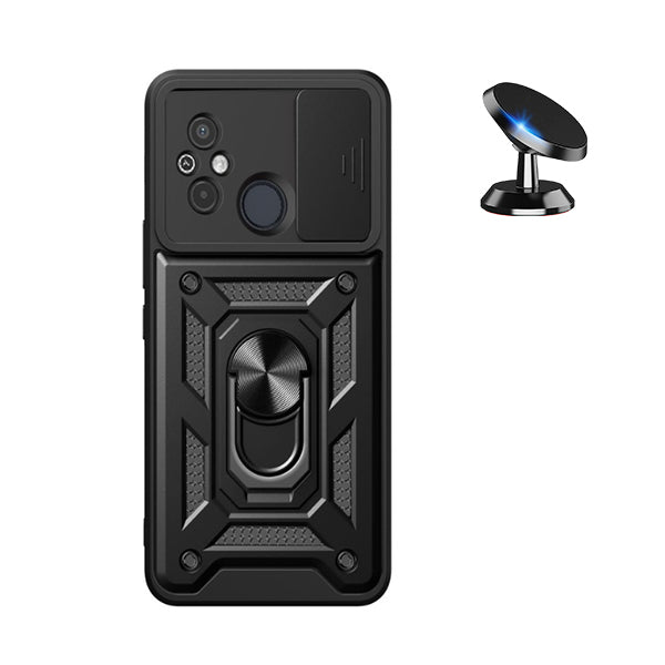 Kit Suporte Magnético + Capa de Proteção Militar Magnética Janela Deslizante Phonecare para Xiaomi Redmi 12C - Preto