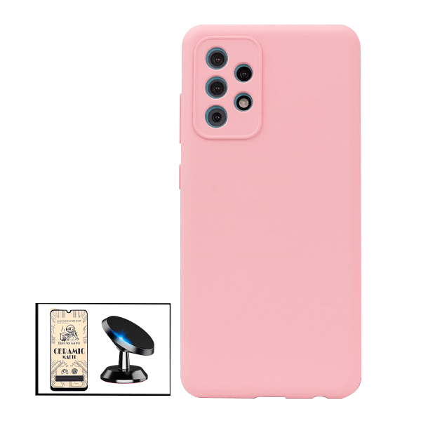 Kit Vidro Temperado Ceramica Full Cover + Capa Proteção Traseira Silicone + Suporte Magnético para Samsung Galaxy M32 5G - Rosa