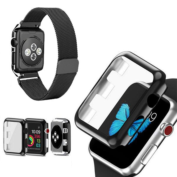 Kit Bracelete Milanese Com Fecho Magnético + Capa de Proteção + Vidro para Apple Watch Series 7 - 41mm - Preto