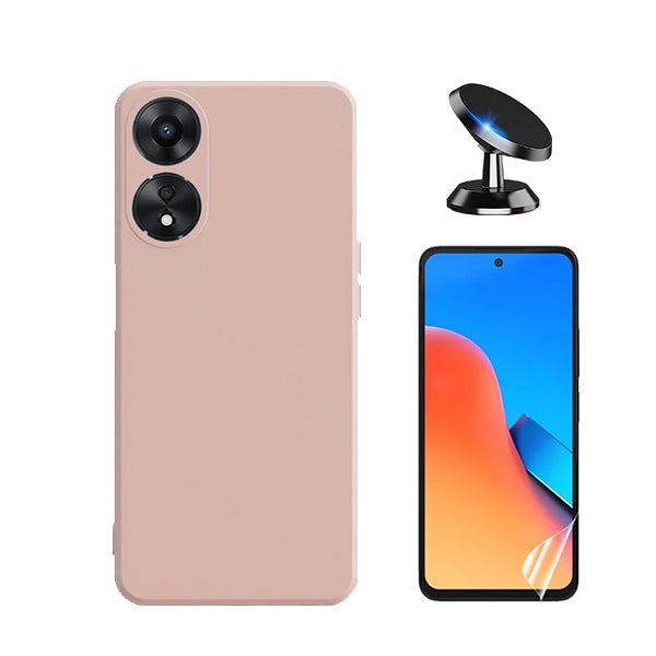 Kit Película Protectora de Hydrogel Frente + Capa Proteção Traseira Silicone + Suporte Magnético GIFT4ME para Oppo A58 4G - Rosa