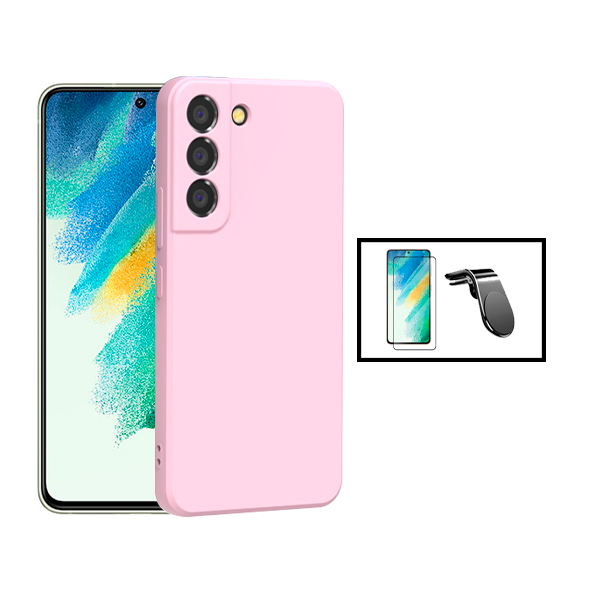 Kit Película de Vidro Temperado GorilasGlass + Capa Proteção Traseira Silicone + Suporte de Carro Magnético L para Samsung Galaxy S22+ Plus 5G - Rosa